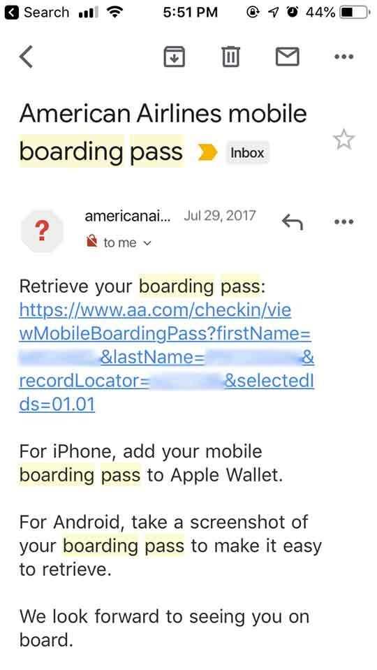 Apple वॉलेट बोर्डिंग पास - ईमेल