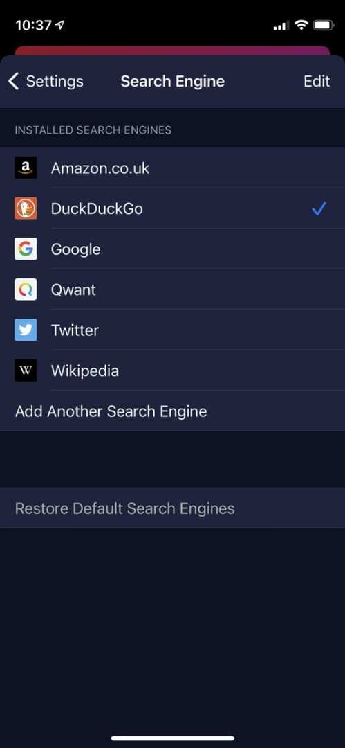Opciones del motor de búsqueda Firefox Focus