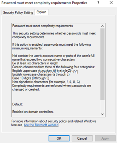 Nonaktifkan persyaratan Kompleksitas Kata Sandi di Server 2016