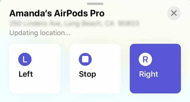 Alternativer for venstre, høyre og stopp for å spille av lyd på AirPods i Finn min app