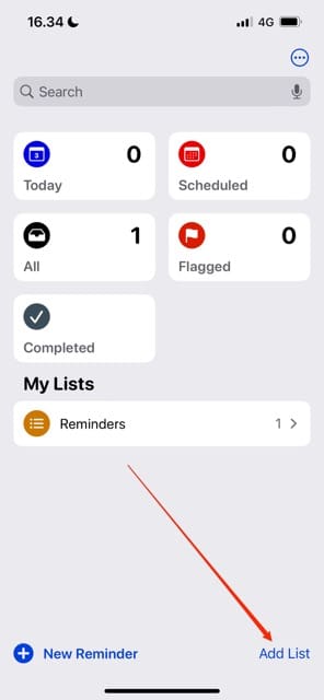 Screenshot che mostra l'opzione Aggiungi elenco in Promemoria iOS