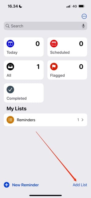 iOS रिमाइंडर में सूची जोड़ें विकल्प दिखाने वाला स्क्रीनशॉट
