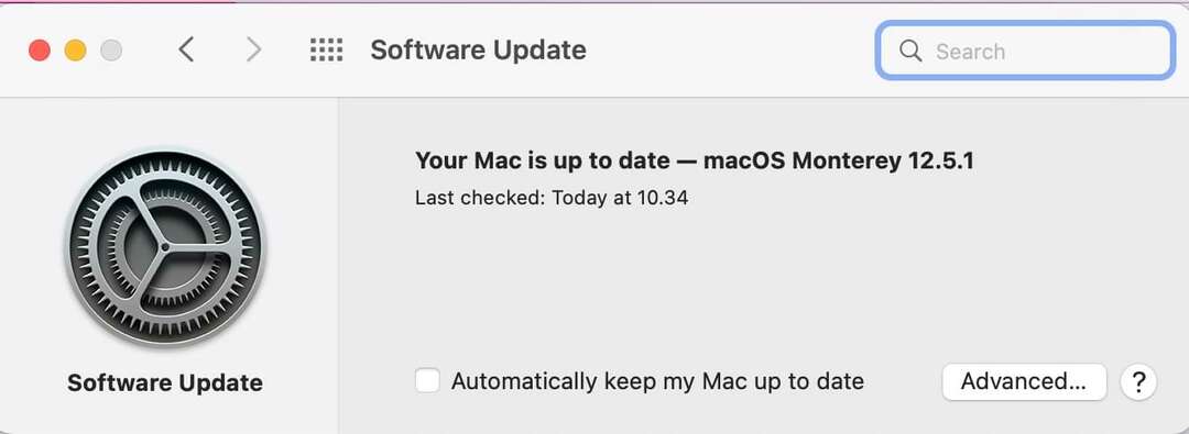 Snímek obrazovky zobrazující zprávu o aktualizovaném softwaru na Macu