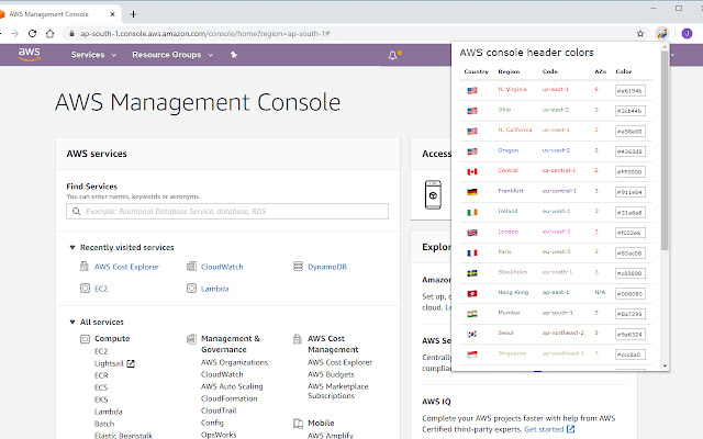 Couleur des régions de la console AWS