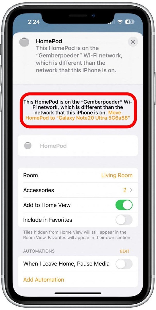 dodirnite premjesti homepod na novu mrežu kako promijeniti wifi na homepodu