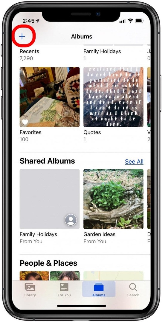 Tippen Sie auf das Pluszeichen, um ein neues Album zu erstellen