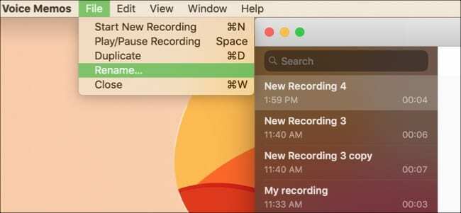 A Voice Memos Mac átnevezése