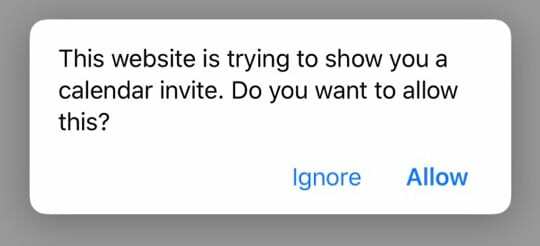 이 웹 사이트에서 캘린더 초대를 표시하려고 하는 Safari 메시지입니다. 허용하시겠습니까?