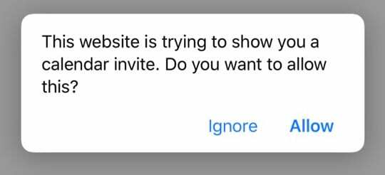 Pesan Safari, situs web ini mencoba menunjukkan kepada Anda undangan kalender, apakah Anda ingin mengizinkan ini?