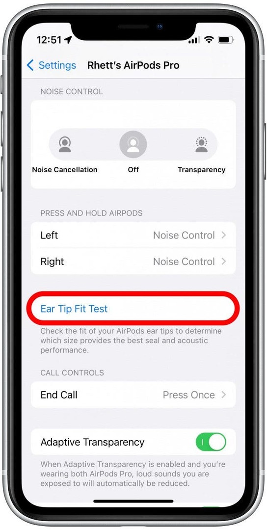 ईयर टिप फिट टेस्ट पर टैप करें।