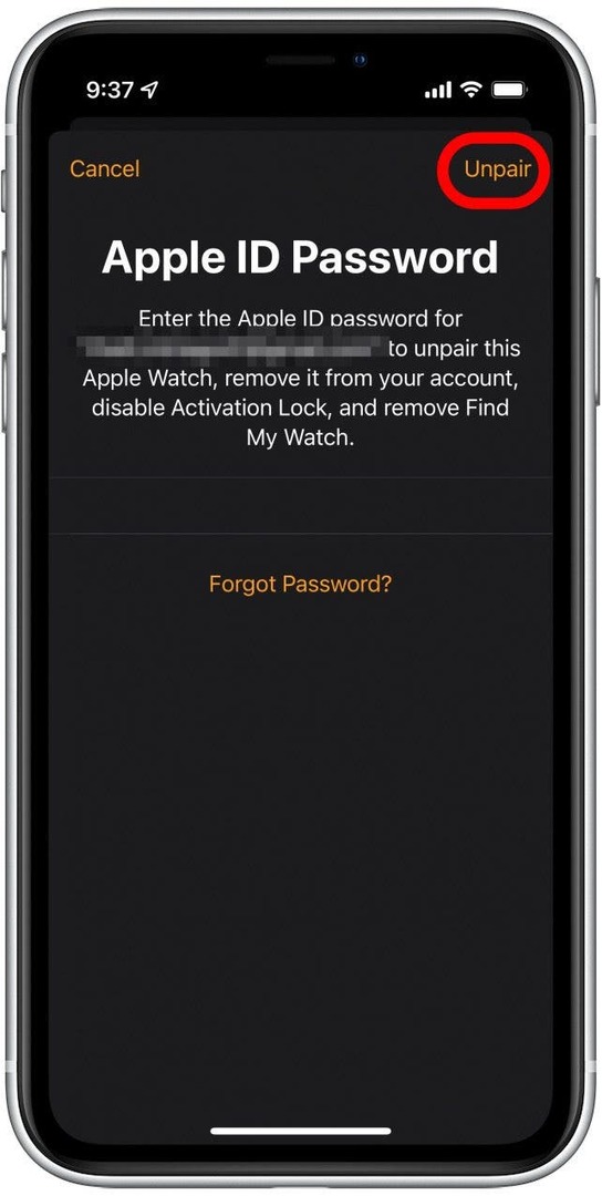 Inserisci il tuo ID Apple e la password e tocca Annulla abbinamento.