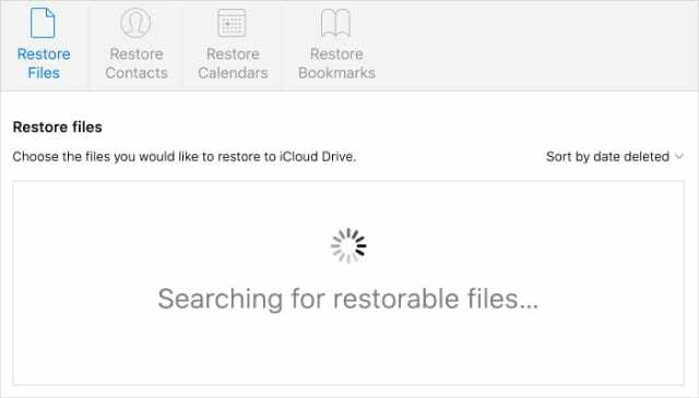 Søker etter gjenopprettbare filer på iCloud-nettstedet