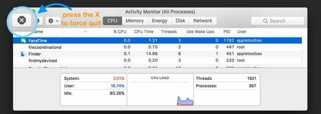 Jak vynutit ukončení aplikace z macOS Activity Monitor