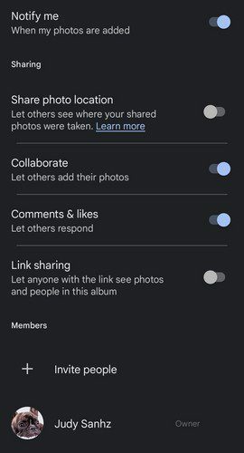 Options d'album Google Photos