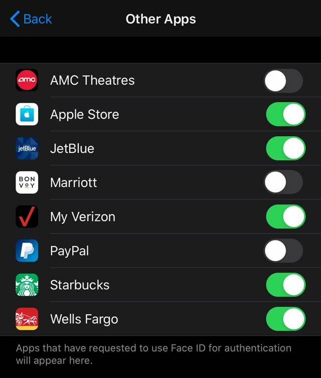 poista kolmannen osapuolen sovellukset käytöstä Face ID: n avulla