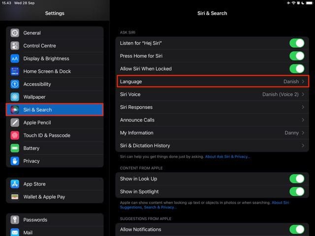 Cuplikan layar menampilkan tab bahasa di Siri