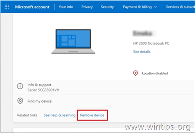 Pašalinkite įrenginį iš „Microsoft“ paskyros nustatymų