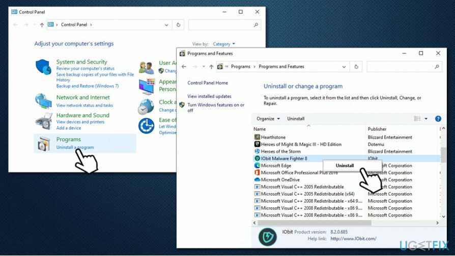 Atinstalējiet IObit Malware Fighter, izmantojot vadības paneli