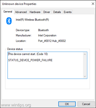 FIX Intel Wireless Bluetooth não pode ser iniciado Código 10 - STATUS DEVICE POWER FAILURE.