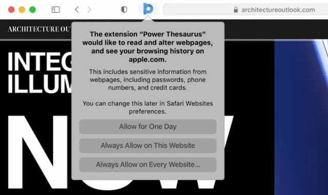 Datenschutzoptionen für Erweiterungen in Safari unter macOS Big Sur