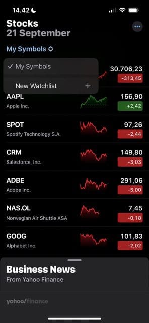 Captura de tela mostrando como criar uma nova lista de observação no iPhone