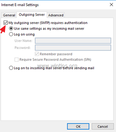 „Outlook“ išeinančio serverio autentifikavimas