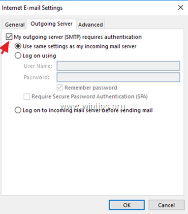 Outlook utgående serverautentisering