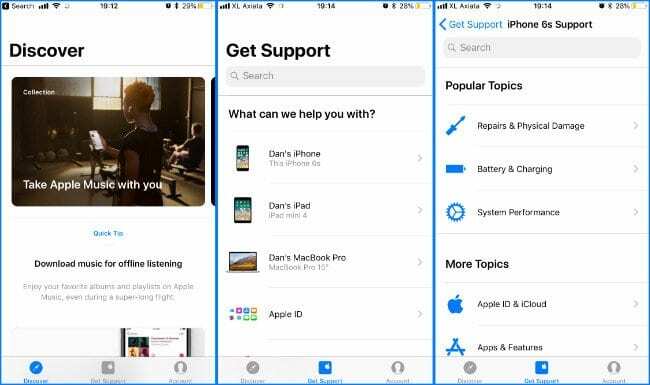 Екранни снимки от приложението Apple Support на iPhone