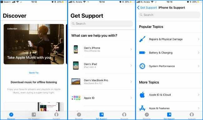 Знімки екрана з програми підтримки Apple на iPhone