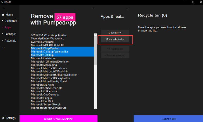 Pindahkan tombol Terpilih untuk memindahkan aplikasi yang dipilih ke recycle bin