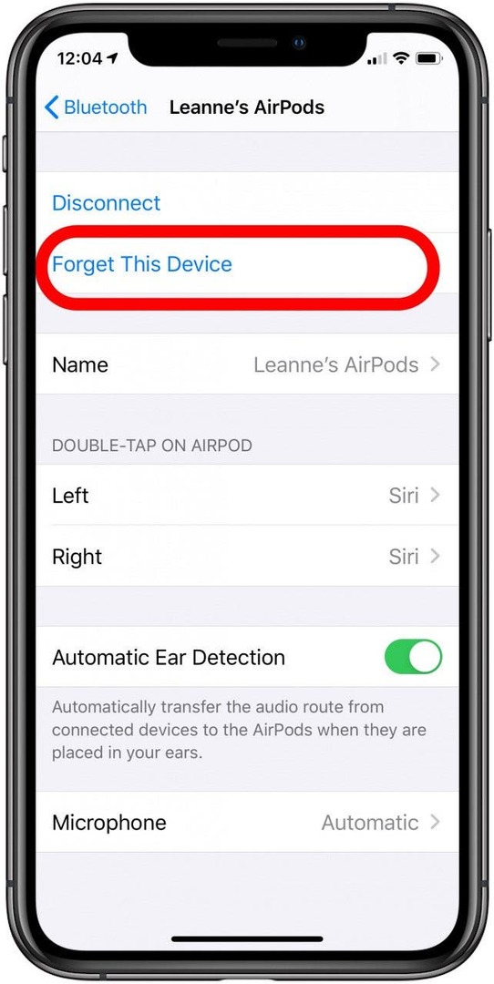 Ein Airpod schlägt fehl: Die Option „Diese vergessen“ ist in den Bluetooth-Einstellungen für AirPods unter iOS hervorgehoben