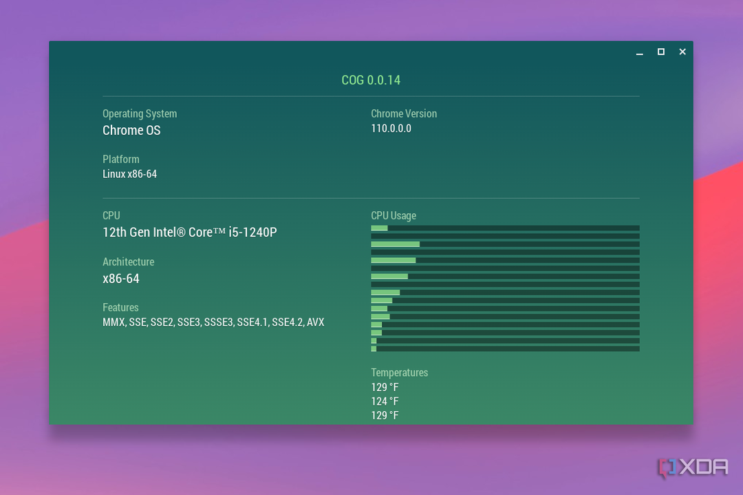 COG ist unter ChromeOS geöffnet und läuft und zeigt CPU-Aktivität an