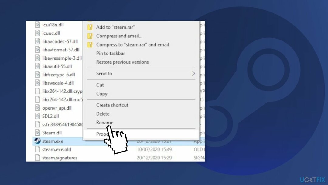 Переименуйте файл steam.exe