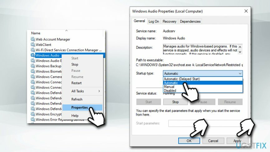 اضبط خدمة Windows Audio على الوضع التلقائي