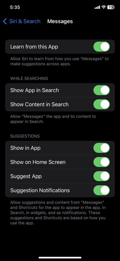 Stránka nastavení Siri a vyhledávání
