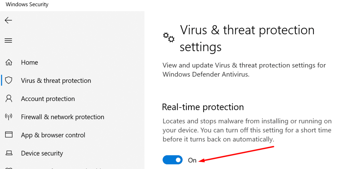השבת הגנה בזמן אמת של Windows Security
