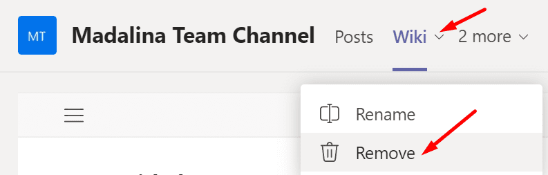 ekipe odstranijo zavihek wiki
