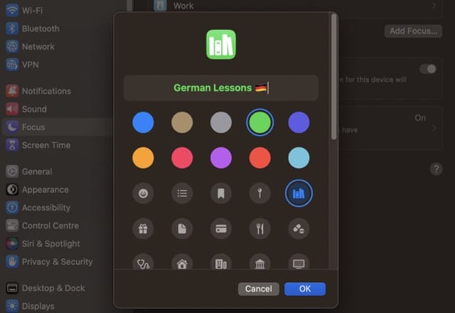 Schermafbeelding die laat zien hoe kleuren en pictogrammen kunnen worden aangepast voor een nieuwe focusmodus in macOS