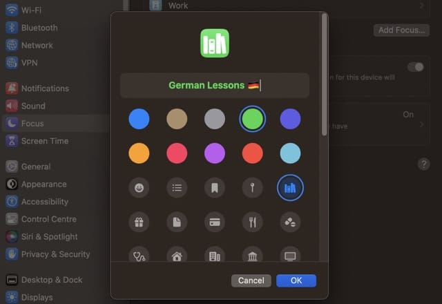 macOS'ta yeni Odak Modu için renklerin ve simgelerin nasıl özelleştirileceğini gösteren ekran görüntüsü