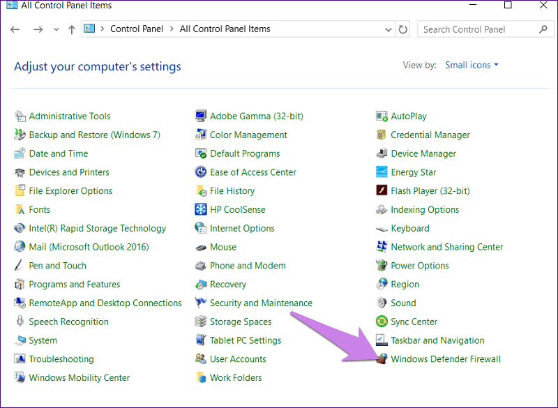 Painel de controle - Firewall do Windows Defender