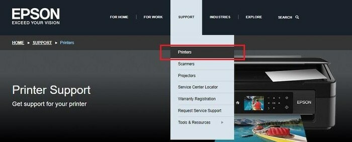 Klicken Sie auf der offiziellen Epson-Website auf der Registerkarte " Support" auf " Drucker".