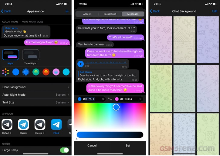 Nieuwe Telegram-functie biedt drie varianten, de tabbladen Klassiek, Nacht en Dag in Chat