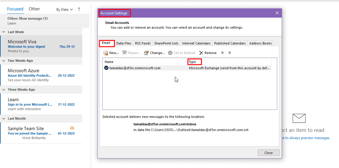 Encontrar el tipo de inicio de sesión de correo electrónico de Outlook