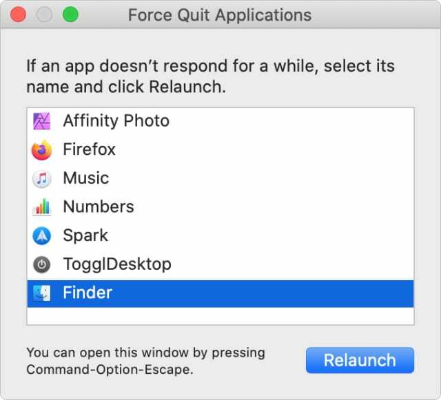 Piespiedu kārtā iziet no lietojumprogrammām, izceļot Finder ar pogu Relaunch