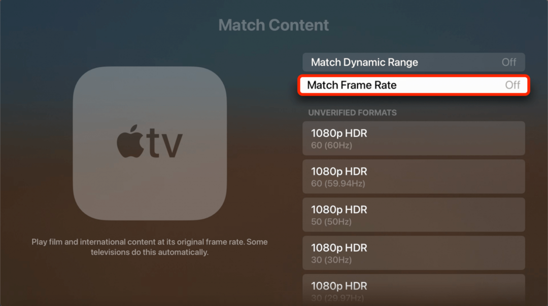 Assicurati che Match Frame Rate sia disattivato, in quanto ciò potrebbe causare problemi di sincronizzazione audio.