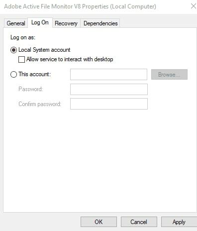 Pasirinkite skirtuką „Local System Account in Log On“.