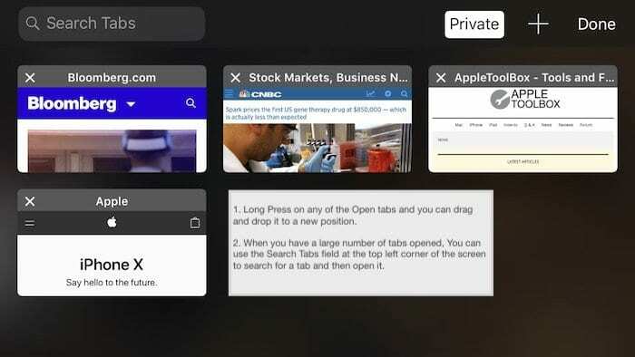 Safari vahekaardid, ümberjärjestamine iPhone'is