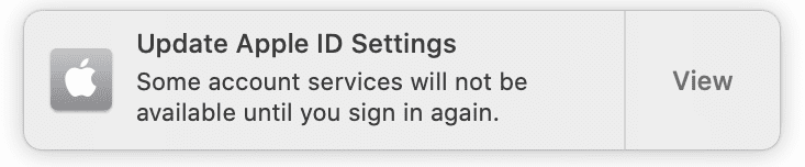 messaggio di impostazioni dell'ID Apple di aggiornamento di macOS Catalina