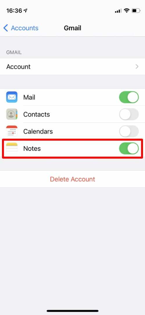 הגדרות חשבון Gmail עבור אפליקציית Notes