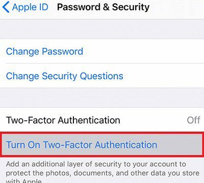 Activation de l'authentification à deux facteurs pour iPhone